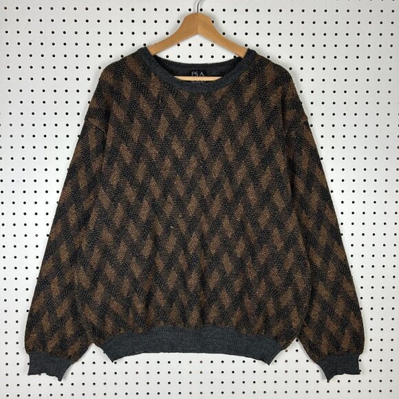 Jos A Bank Brown Chunky Knit Sweater XL Boxy READ Grandpa 90s Argyle Checkered - Picture 1 of 6